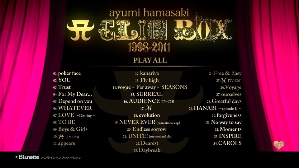 滨崎步 (Ayumi Hamasaki 浜崎あゆみ) – CLIP BOX 1998-2011 全MV合集 (4BD) 1080P蓝光原盘 [BDISO 129.4G]Blu-ray、日本演唱会、蓝光演唱会2