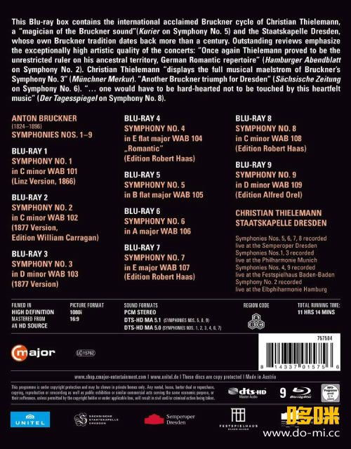 布鲁克纳交响曲全集 Bruckner Symphonies Nos. 1-9 (Staatskapelle Dresden, Christian Thielemann) (2021) 1080P蓝光原盘 [9BD BDMV 176.1G]Blu-ray、古典音乐会、推荐演唱会、蓝光演唱会2