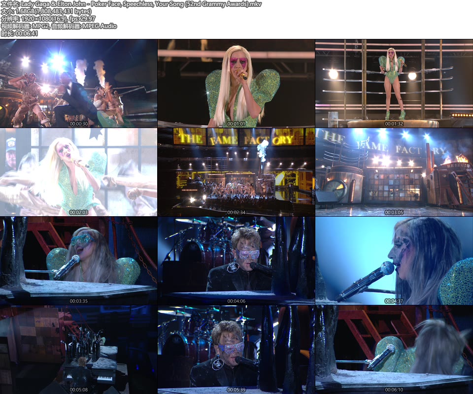 格莱美现场 : Lady Gaga & Elton John – Poker Face, Speechless, Your Song (52nd Grammy Awards) [HDTV 1.68G]HDTV、欧美现场、音乐现场2