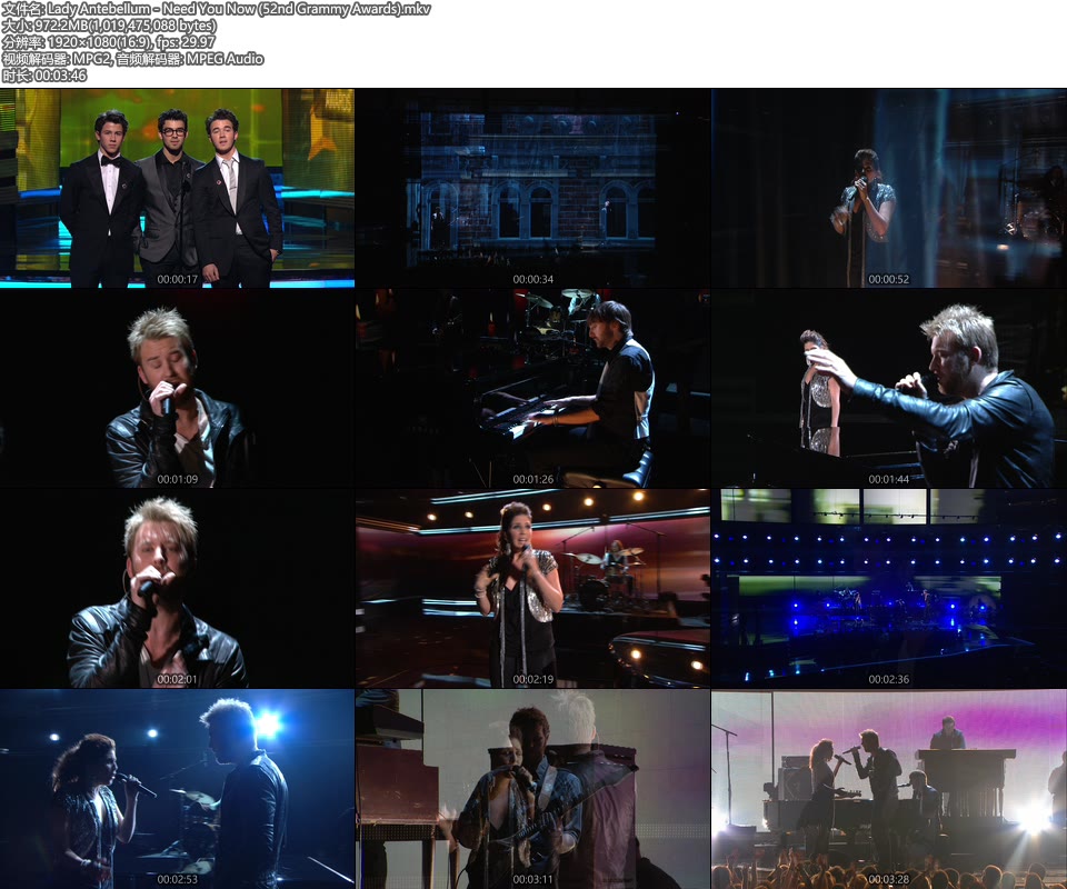 格莱美现场 : Lady Antebellum – Need You Now (52nd Grammy Awards) [HDTV 972M]HDTV、欧美现场、音乐现场2