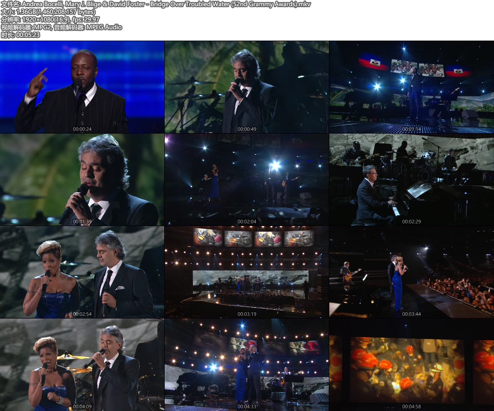 格莱美现场 : Andrea Bocelli, Mary J. Blige & David Foster – Bridge Over Troubled Water (52nd Grammy Awards) [HDTV 1.36G]HDTV、欧美现场、音乐现场2